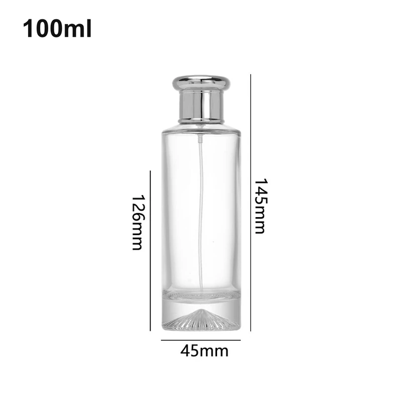 OULU-PB1067 tall clear 100ml cylinder perfume bottle with polished pedestal cap