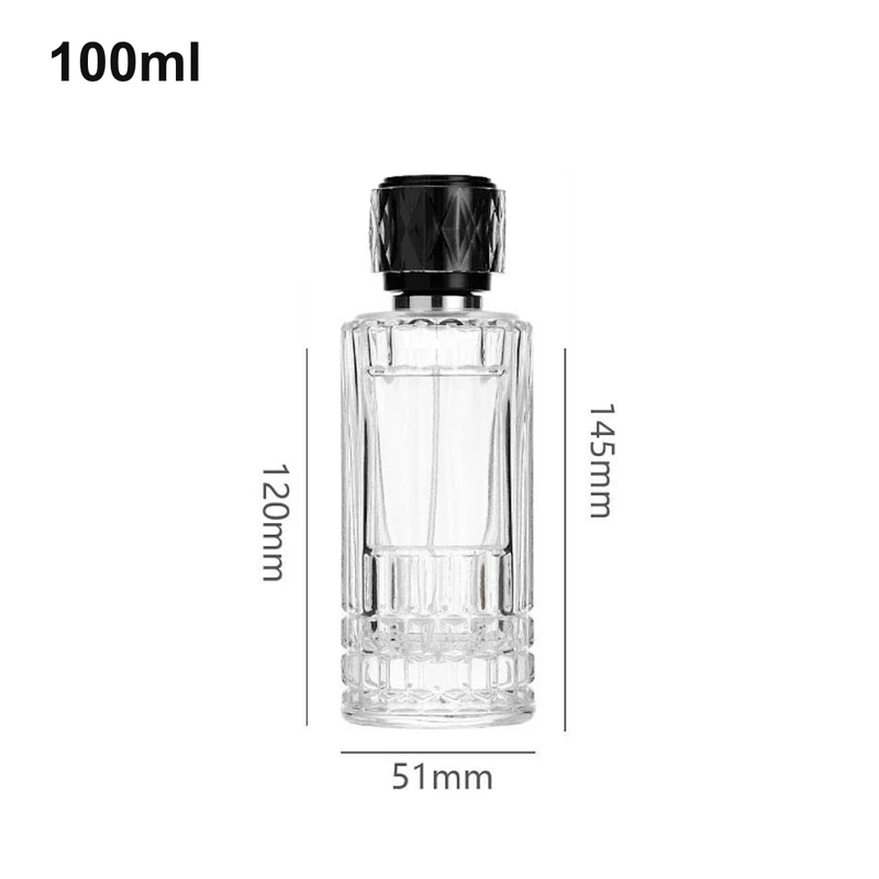 OULU-PB1068 faceted clear 100ml cylinder perfume bottle with patterned black cap