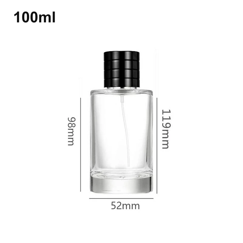 OULU-PB1072 rounded clear 100ml cylinder perfume bottle with ribbed black cap