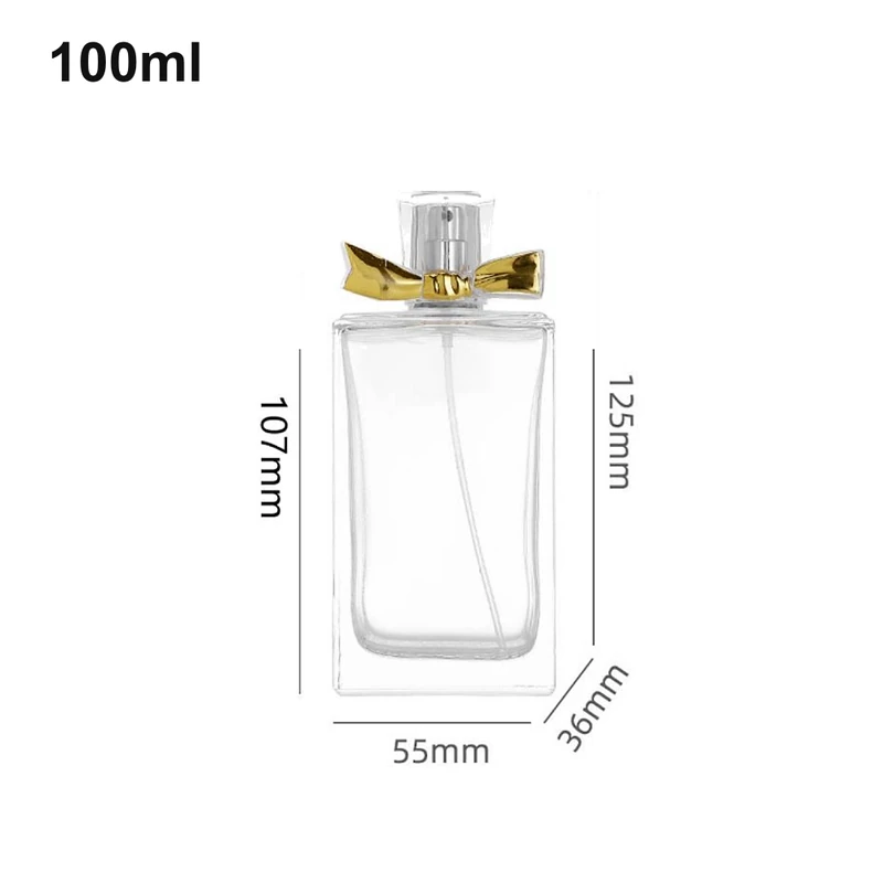 Clear 100ml perfume bottle reference with a dark cap and shown exterior dimensions