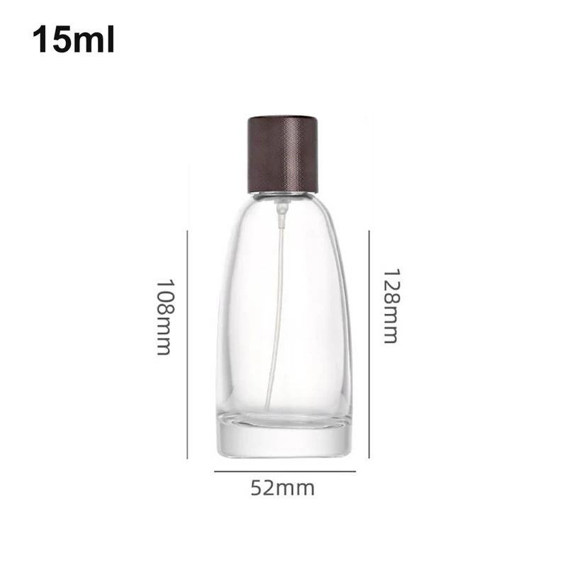 Compact clear 15ml small perfume bottle with dark cylindrical cap and shown dimensions