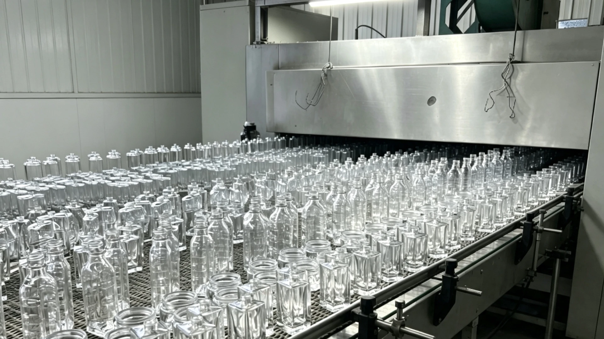 Multiple clear perfume bottle shapes leaving the annealing lehr in the OULU production workshop